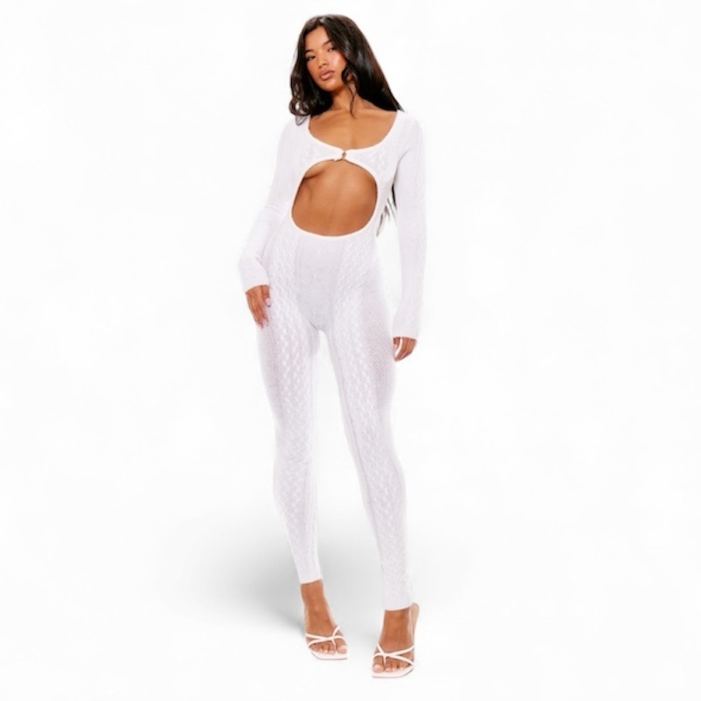 PLT Cream Cableknit Extreme Cutout Jumpsuit